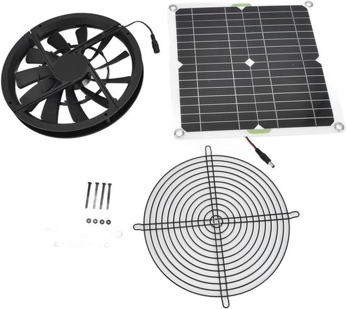 Ventilatorset voor Zonnepaneel 10 inch 100W - Verlaagt Binnentemperatuur - Frisse Lucht - Metalen Beschermingsgaas - 3000 Tpm - Waterdicht - Geschikt voor Kleine Kippenhokken, Kassen en Schuren