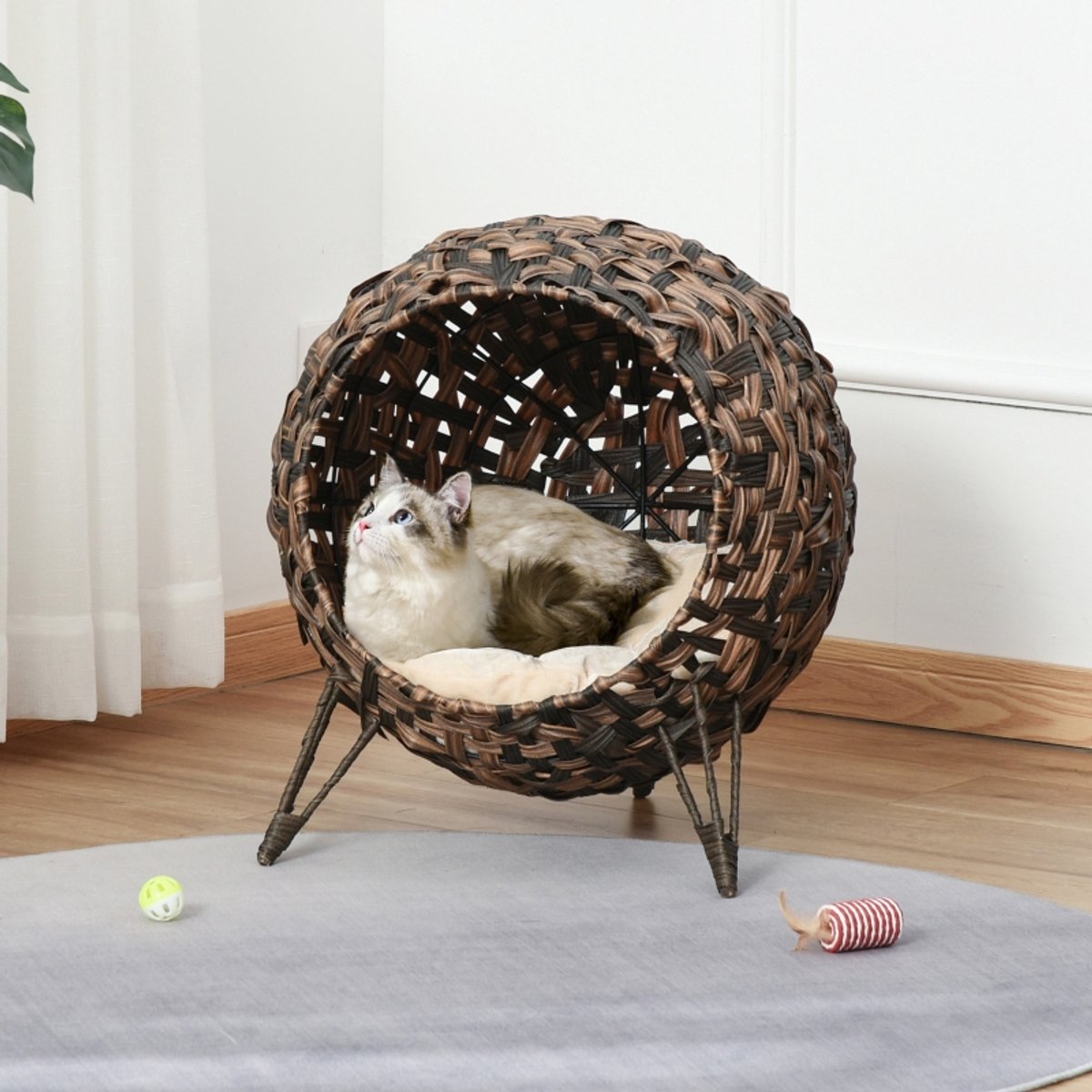 DESMIU Dierenhuis - Verhoogd Kattenhuis Met Kussen - Diameter 52 x 58 cm - PE-Rotan En Fluweel - Bruin - Slaapplaats Voor Binnen
