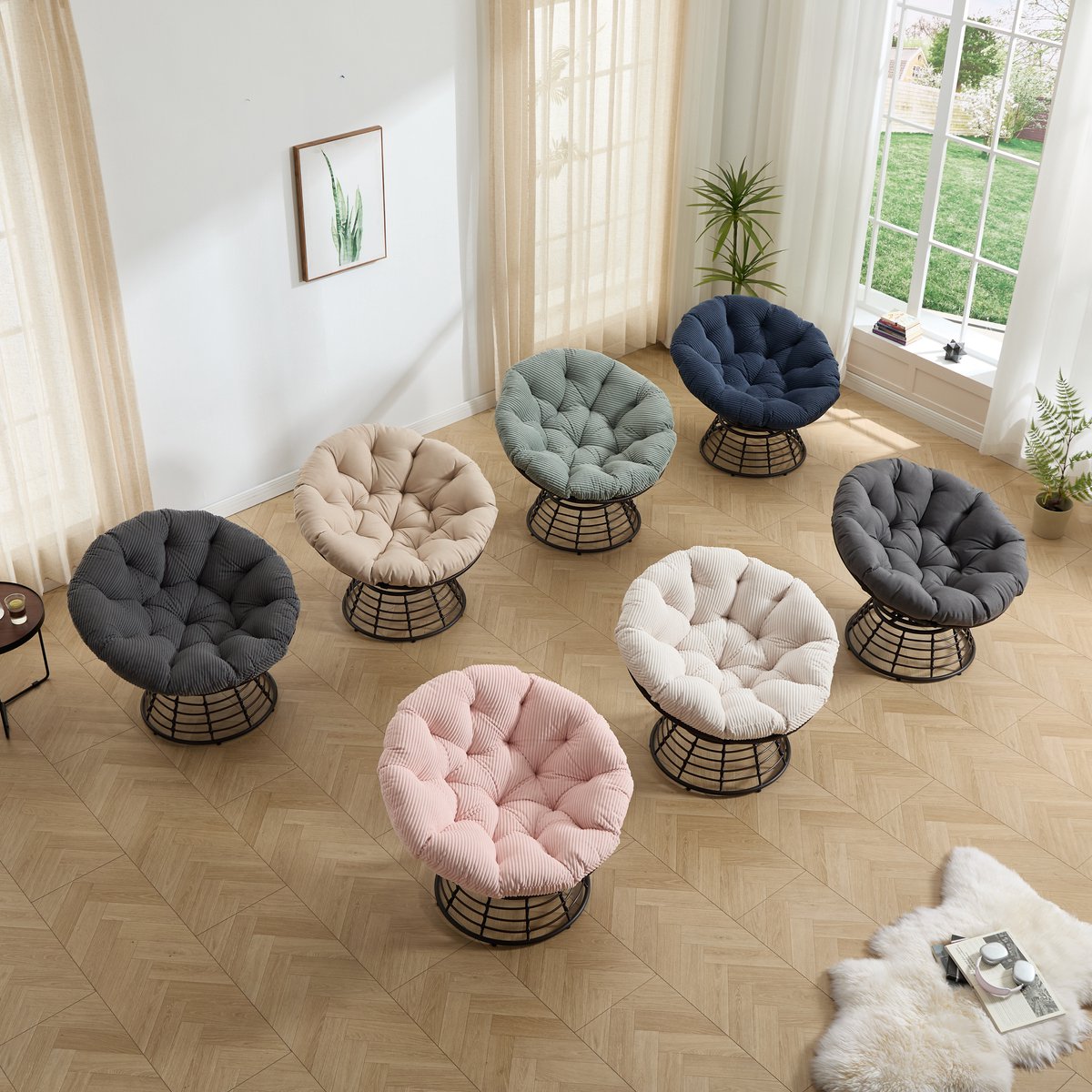 DESMIU Fauteuil 92 Cm - 360 Graden Draaibaar - Ergonomische Papasan Stoel Met Dikke Zitting - Voor Woonkamer, Slaapkamer En Leeshoek - Metaal En Rotan - Grijs Grey; Brown