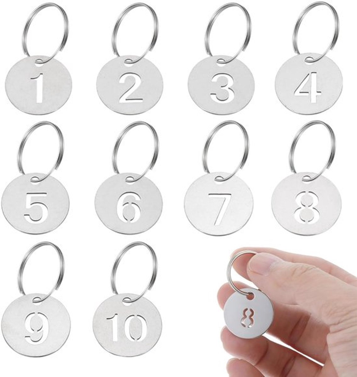 10 stuks genummerde hangers met sleutelring roestvrij staal cirkel tags diameter 3 cm (1-10)