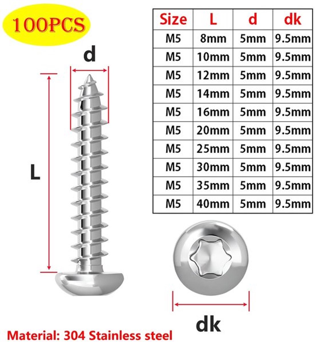 Zelftappende Schroeven 100 Stuks - M5 x 12 mm - Lenskopschroeven Torx - Ronde Kopschroeven - Roestvrij Staal - Goede Houdkracht