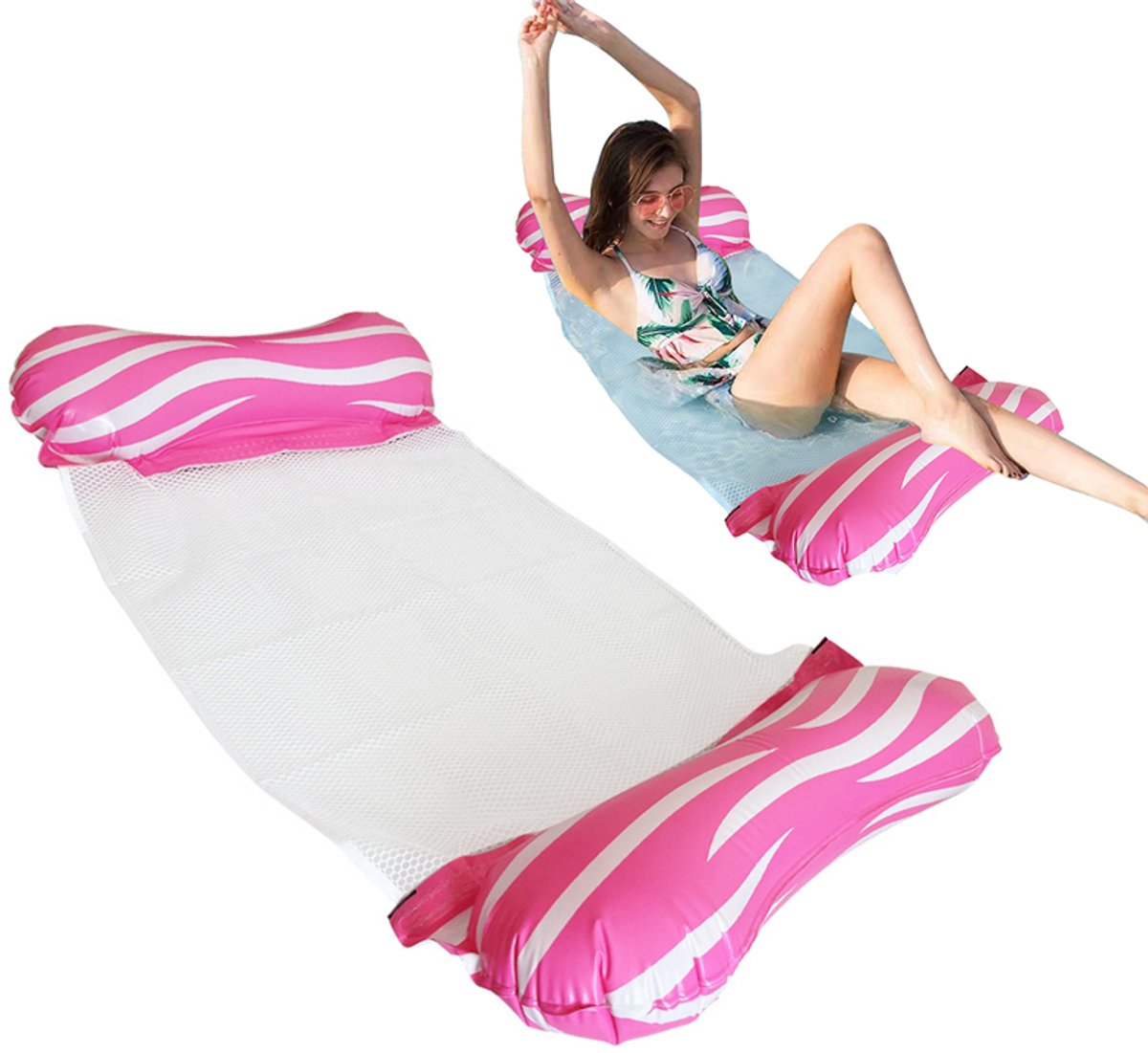 Opblaasbaar drijfbed - Opvouwbaar drijfbed met rugleuning - Zwemmat voor in het zwembad - Opblaasbare ligstoel voor in het water - 115*66 cm - Inclusief kleine luchtpomp - Geschikt voor zwembaden, vakanties, stranden, enz. - Roze, wit