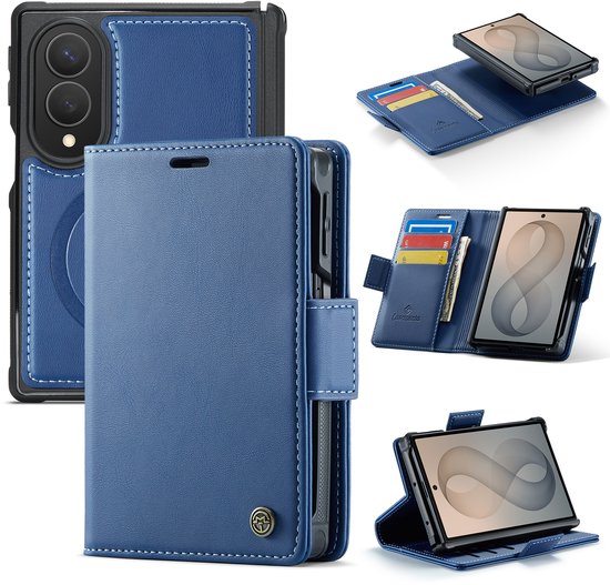 Collage van blauwe kunstleren telefoonhoesjes: gesloten, open met telefoon, en losse telefoonhouder.
