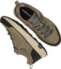 Bovenkant van bruine sneakers met blauwe veters en groene binnenzool met 'waldlaufer' logo.