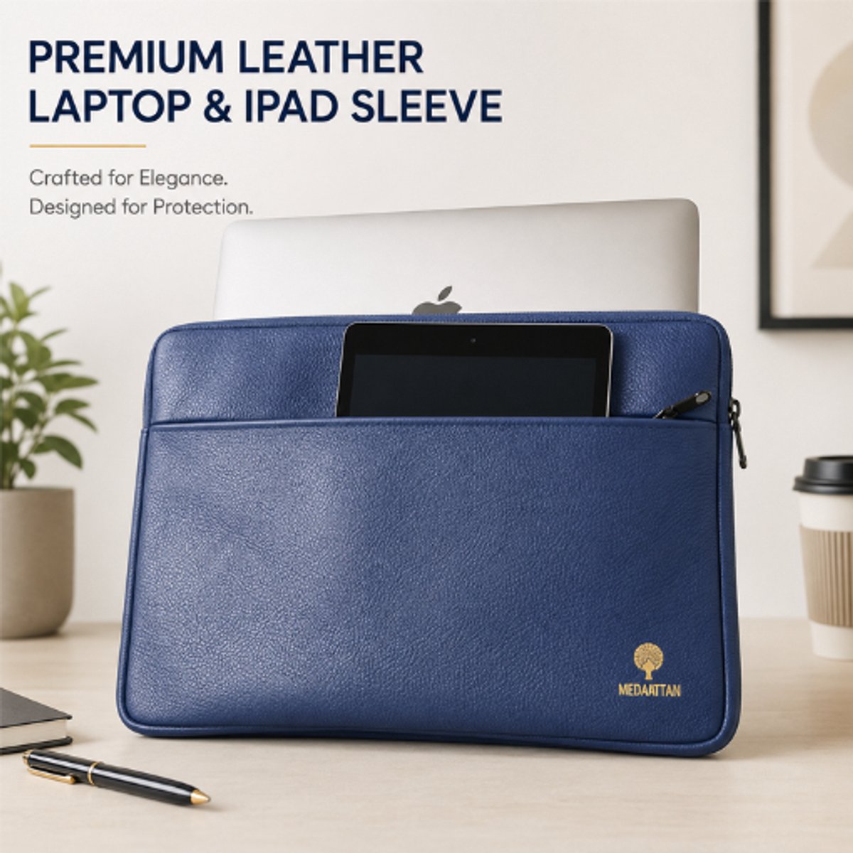 Vedantan Leather Laptop Sleeve met rits - Laptop Hoes geschikt voor 13 / 13.3 / 13.6 / 14 / 14.2 inch - Blauw
