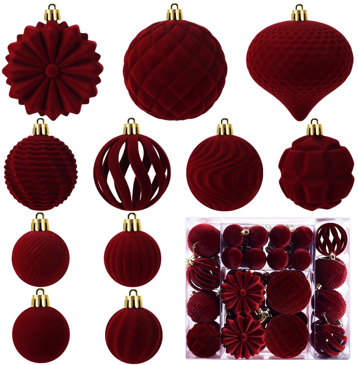 48 Stuks Fluwelen Kerstballen voor Kerstboomversiering | Vlokkige Kerstboomversiering, Onbreekbare Hangende Kerstballen voor Kerstboom, Huisdecoratie, Feestdagen, Bruiloften en Feesten (Bourgogne)