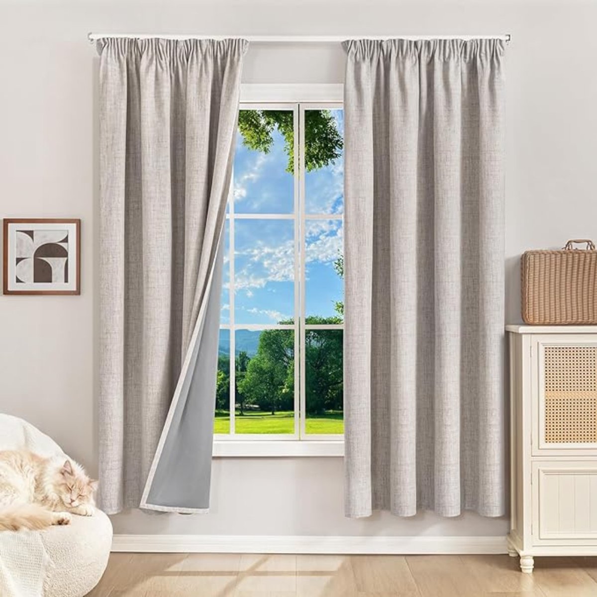 Thuys - 100% Verduisterende Gordijnen Set van 2 – 175 x 140 cm – 5-Laags Thermisch Isolerend – Geluidswerend – Linnenlook – Grijs-Wit