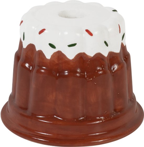 Bruine keramieken kandelaar in de vorm van een pudding met witte glazuurlaag en gekleurde spikkels.