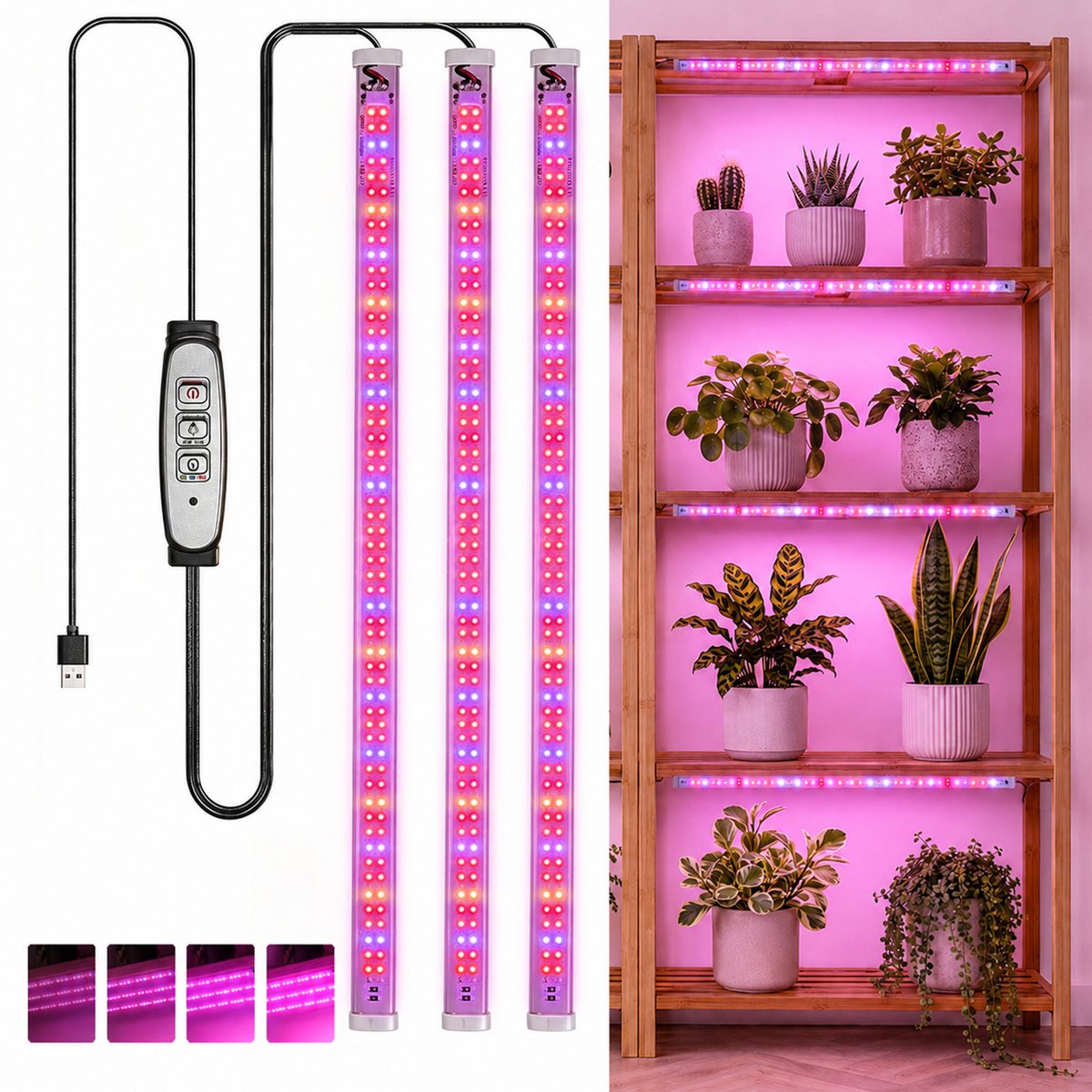 Rosnek Magnetische LED Kweeklamp Strips - 3 Lichtbalken van 30 cm - 108 LED's per Balk - Rood-Blauw-Warmwit Volledig Spectrum - Timer 3/9/12 Uur - 4 Helderheidsniveaus