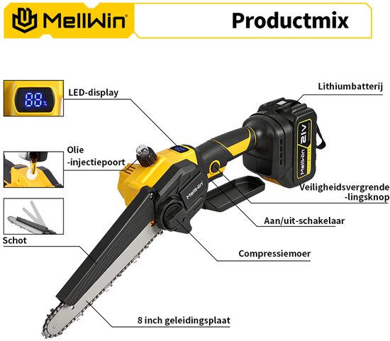 MellWin Kettingzaag - Professionele Mini Kettingzaag - Elektrische Snoeischaar - 8 inch Takkenzaag - met 2x Accu's & 2x Kettingen van MellWin — afbeelding 2