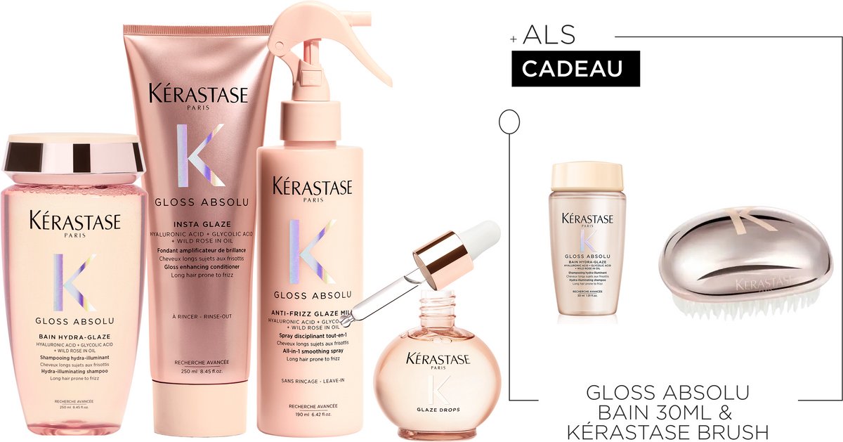 Kérastase Gloss Absolu Anti-Frizz Routine + 2 Cadeau's - Shampoo 250ml, Conditioner 250ml, Leave-in Haarspray 190ml & Glaze Drops 45ml + Shampoo 30ml & Kérastase Brush cadeau - Voor Lang Haar Gevoelig voor Pluis