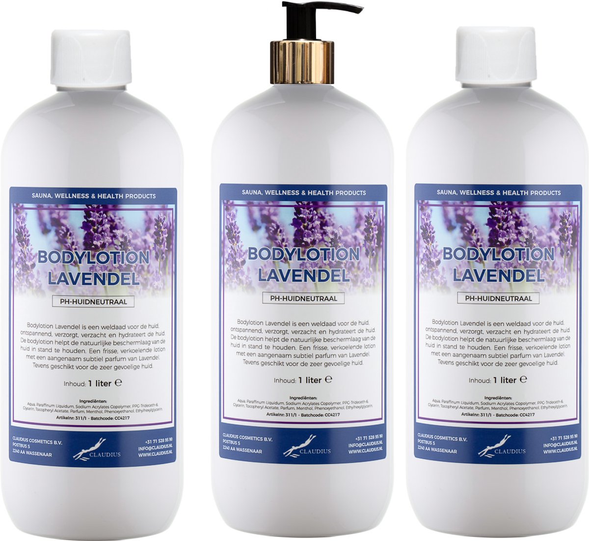 Bodylotion Lavendel 1 Liter - met gouden pomp - set van 3 stuks
