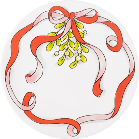 Wit bordje van 18 cm met illustratie van maretak en een rode en roze strik.