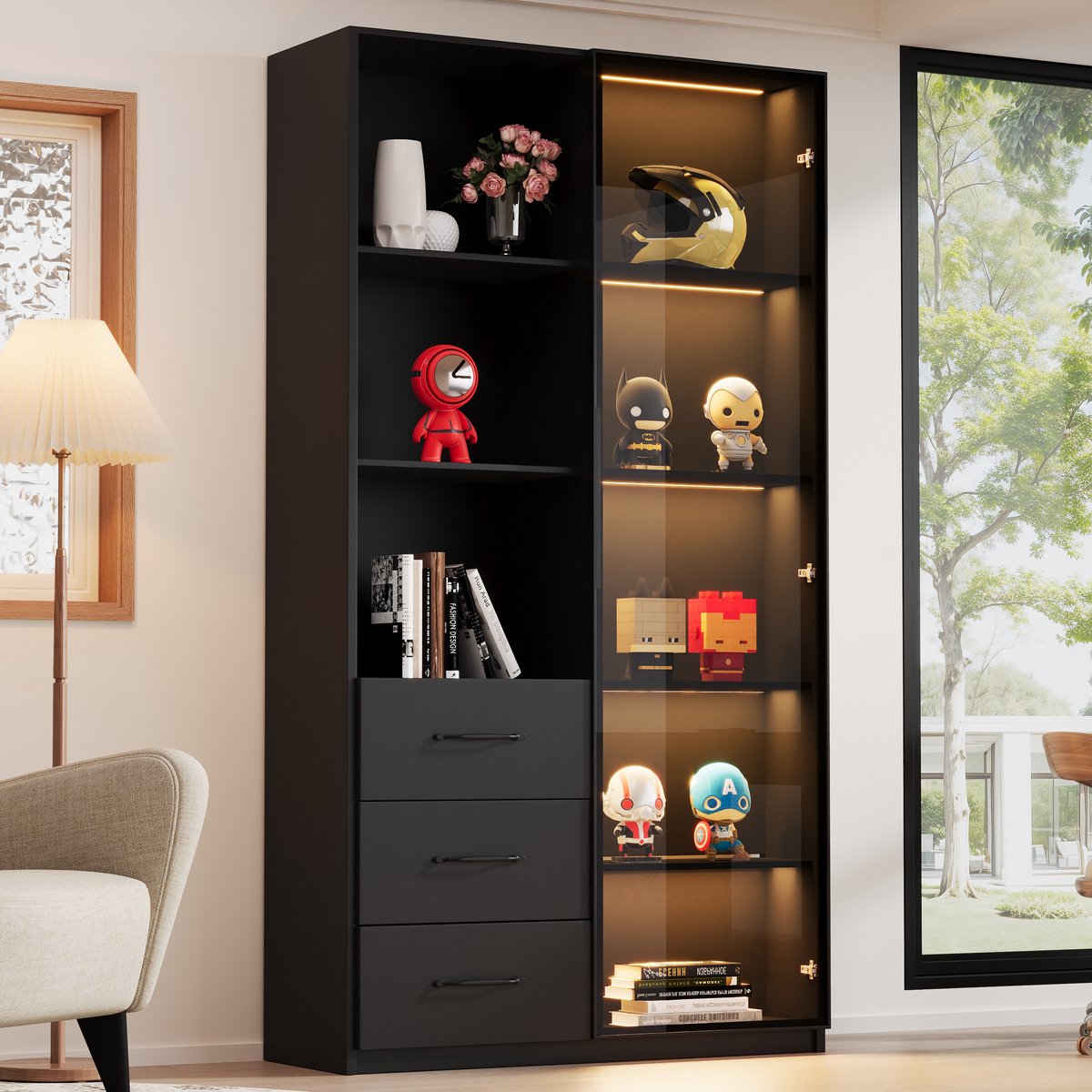 LED-Vitrine 80 x 40 x 160 cm - Modern Design met LED Verlichting en 3 Laden - Black