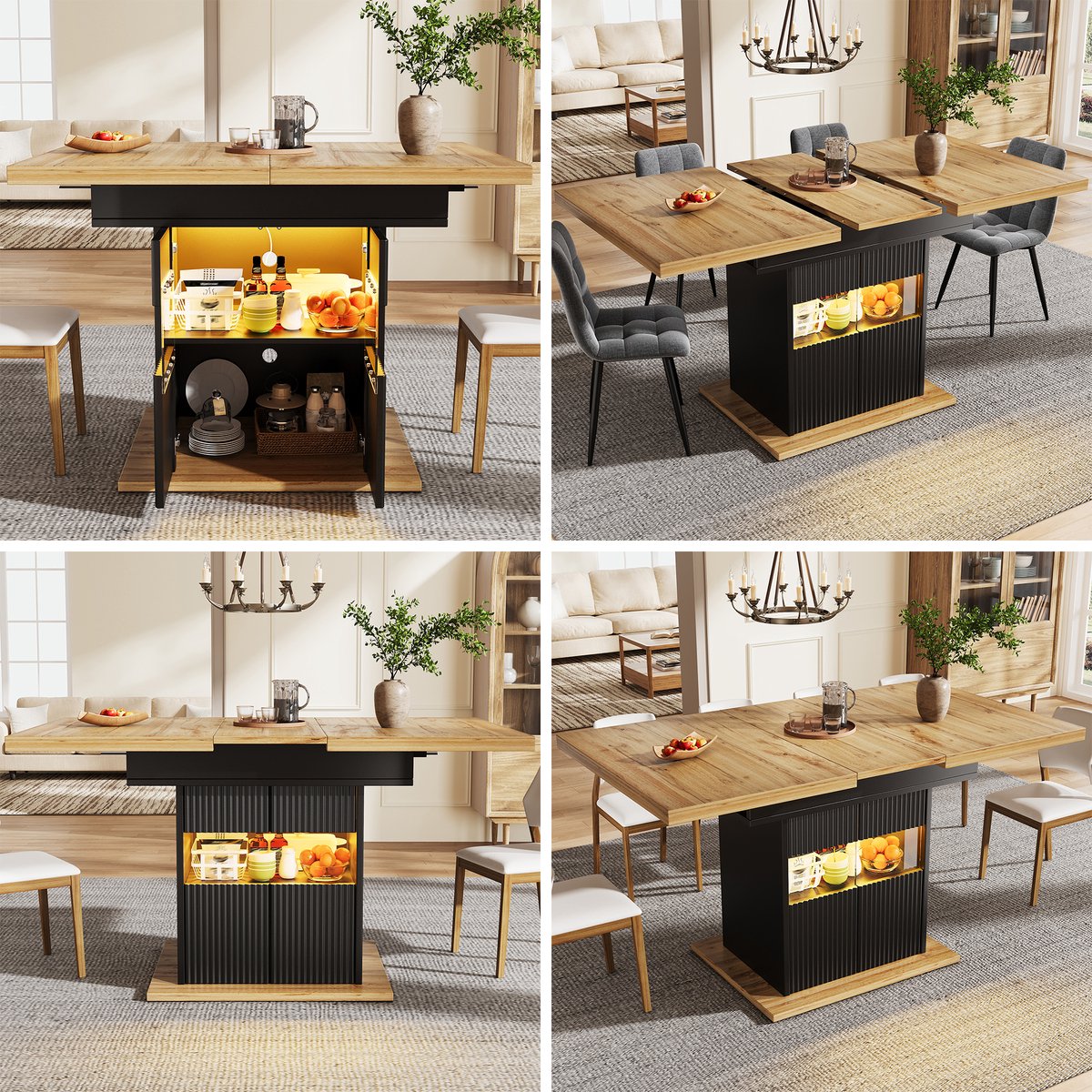 Ausziehbare Eettafel met Opbergruimte en LED-Verlichting - Zwarte Design Tafel - Uitklapbaar van 110 naar 140 cm