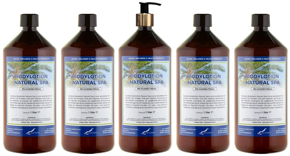 Bodylotion Natural Spa 1 Liter - met gouden pomp - set van 5 stuks - Voordeelverpakking