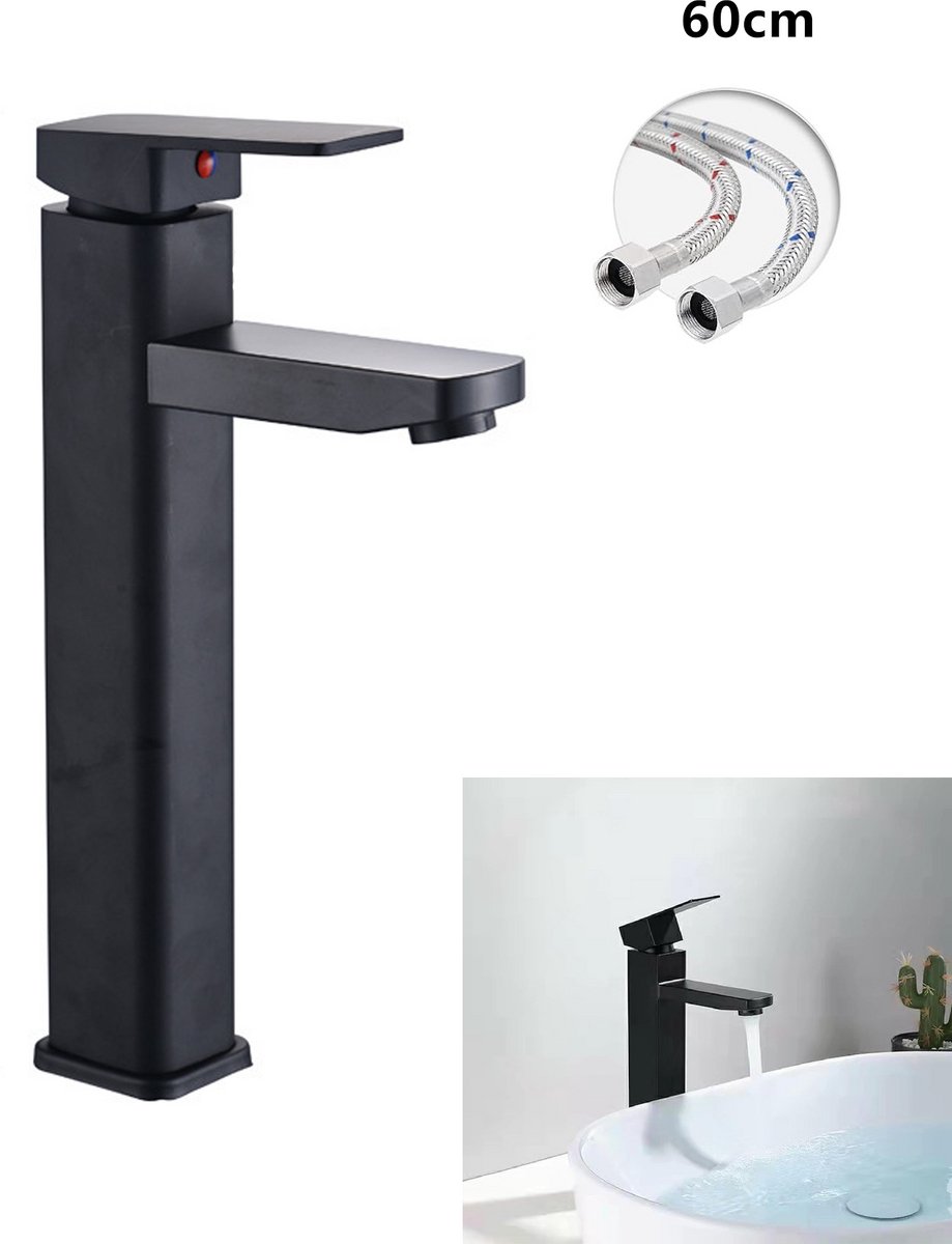 KZQ Wastafelmengkraan - Zwart Geborsteld - Rond Vierkant Ontwerp - Eengreeps - Warm En Koud - Incl 60cm Slangen En 3/8 Slangen - Rvs - Hoog Model