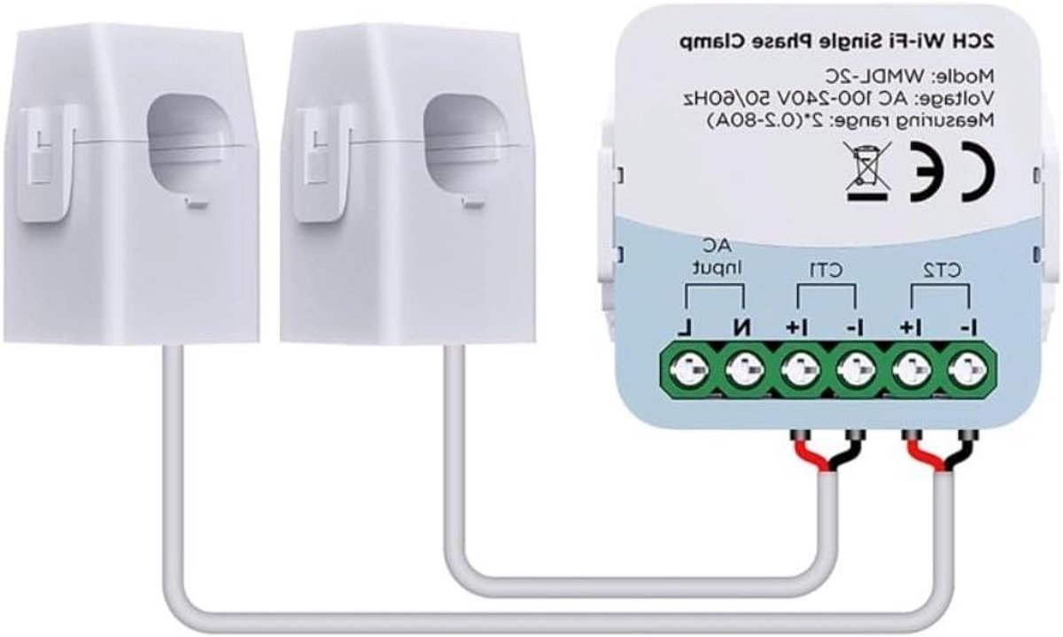 Slimme Energieteller - Stroommeter Apparaat - Energie Verbruik Meten - Dubbele Kanaal Monitoring - 80A - Wit