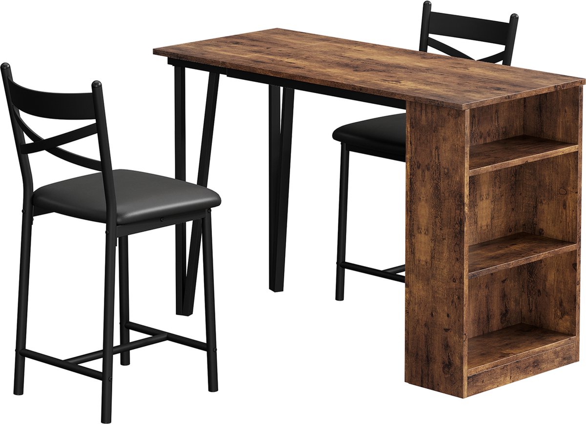 Ruimtebesparende 3‑delige tooghoogte eettafelset voor 2 personen – uitschuifbare bartafel met draaibare bovenkant en 3‑laags opbergschap – 2 PU‑beklede barkrukken, ontbijthoek pub‑ / bistroset