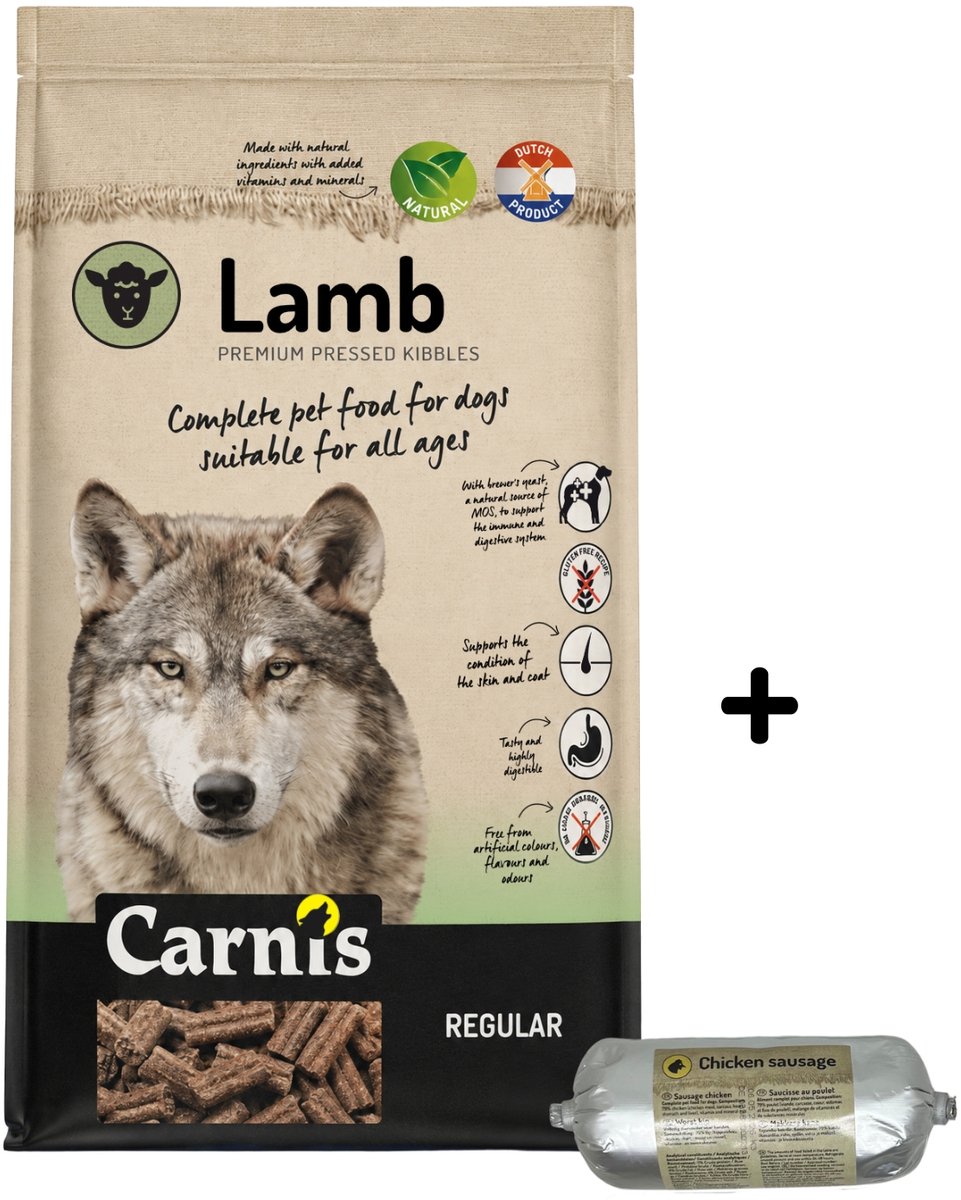 Carnis Carnis Lamb Regular geperst hondenvoer 12,5 kg + Gestoomde worst kip 200gr - Hond