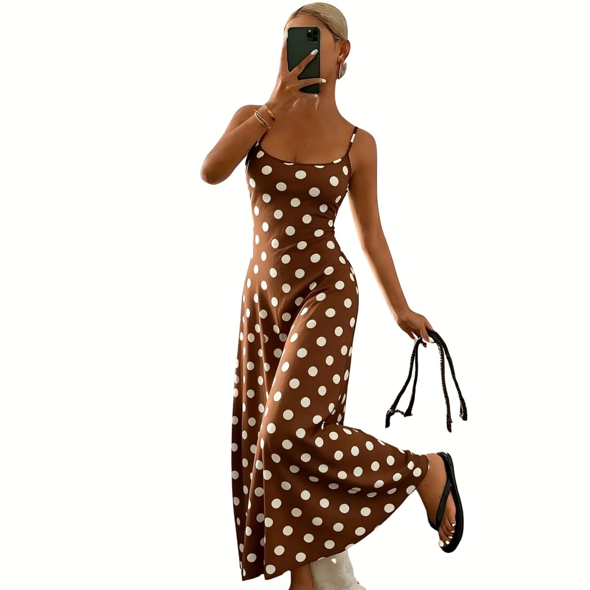 Currero Jurk Met Polkadots Stippen Zomerjurk Dames Zomerjurken Midi Jurk Volwassenen Ibiza Stijl Sundress Dress Koffie M Bruin