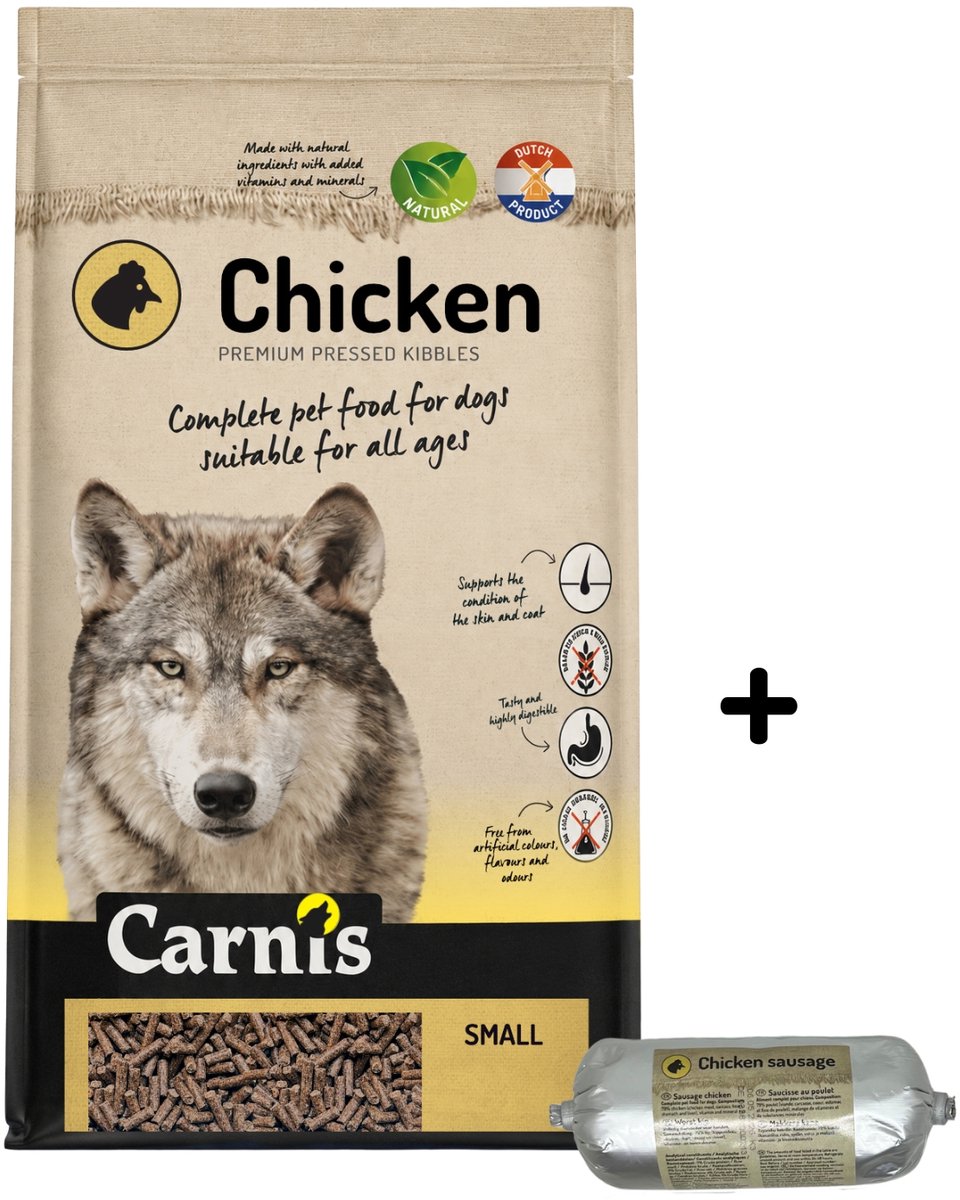 Carnis Carnis Chicken Small geperst hondenvoer 12,5 kg + Gestoomde worst kip 200gr - Hond