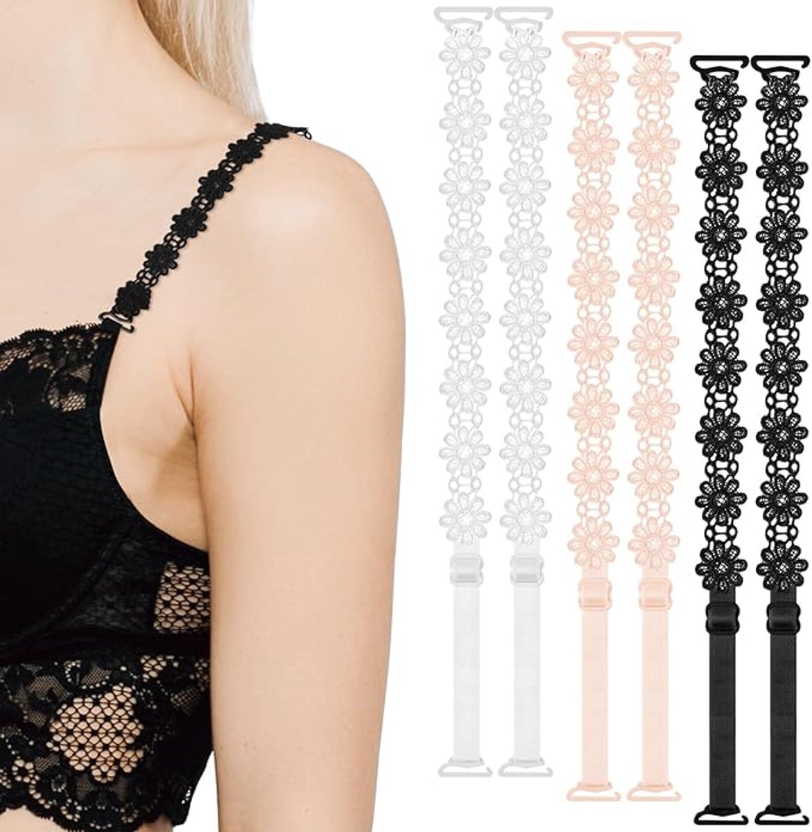 Bh-bandjes voor dames (set van 3 paar) - Elastische, vervangbare bandjes - Antislip bh-bandjes - Kanten bandjes - Bh-bandjes met opengewerkt patroon - Geschikt voor dames- en meisjesbovenkleding en -jurken - Zwart/Wit/Beige - 39 cm