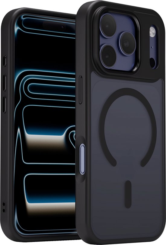 Zwarte telefoonhoes met transparante achterkant voor iPhone, met magnetische ring.