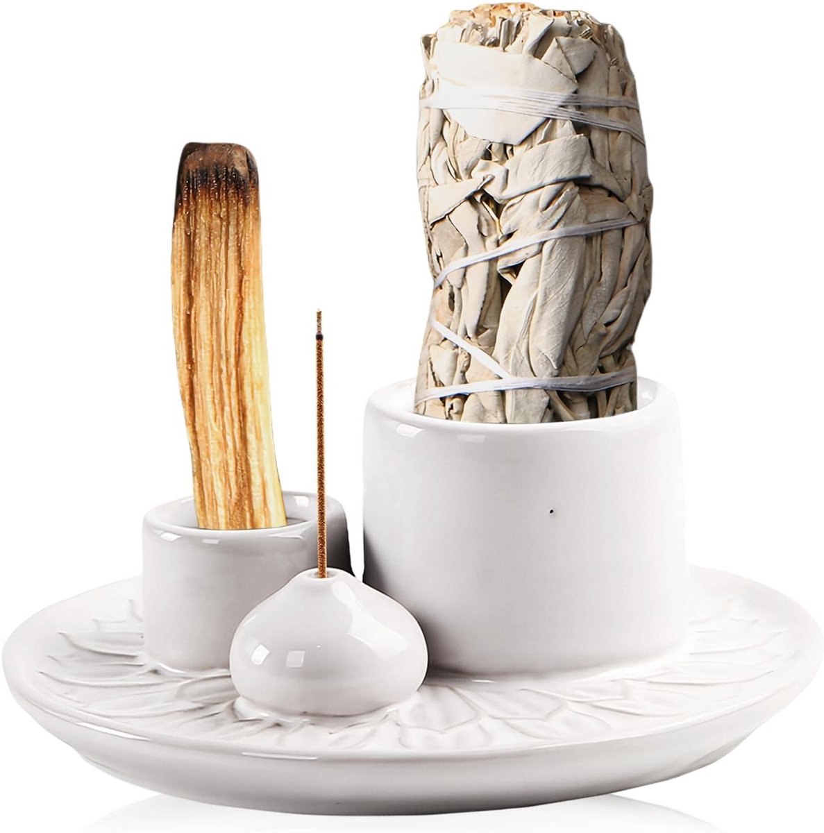 Palo Santo Incense Bowl voor Stokjes en Kegels - 4-in-1 Ceramische Houder voor Yoga en Meditatie, Wit
