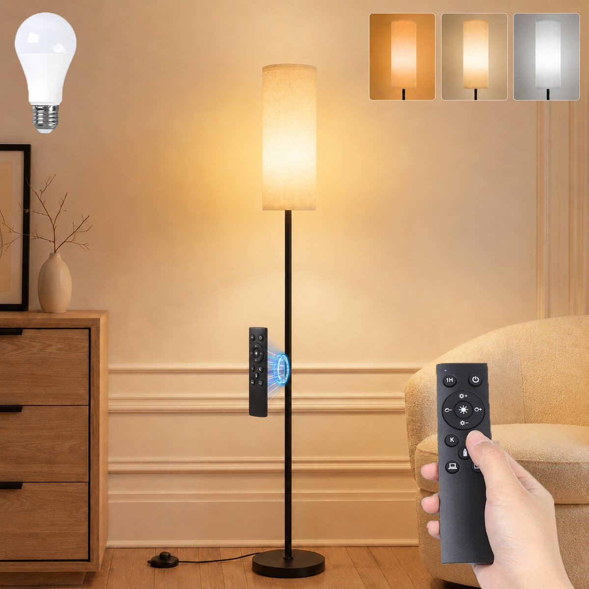 MUPOO Landelijke vloerlamp- Hoeklamp Ruimtebesparend - Minimalist Staande Lamp met Linnen Kap173cm - Inclusief Lamp - Voetschakelaar - -Ideaal voor Woonkamer & Kantoor