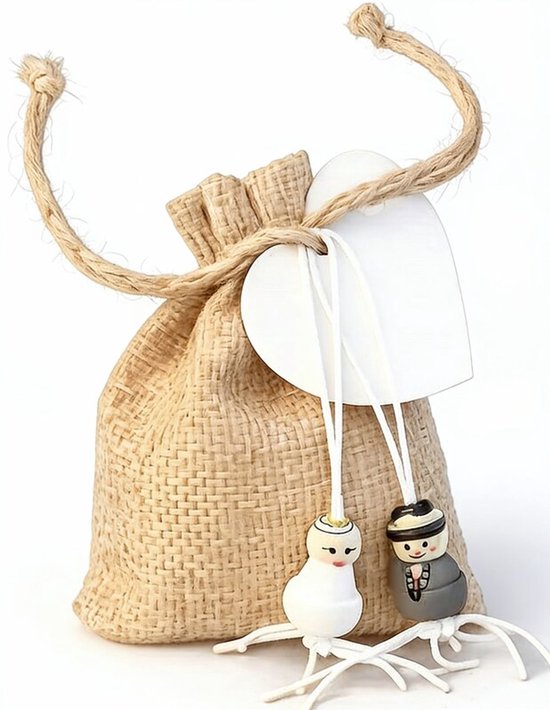10X Trouw bedankje jute giftbag met bruidspaar gelukspoppetjes pepermuntjes en kaartje - bruid - bruidegom - gelukspoppetje - give-away - huwelijk - trouwen - bruiloft