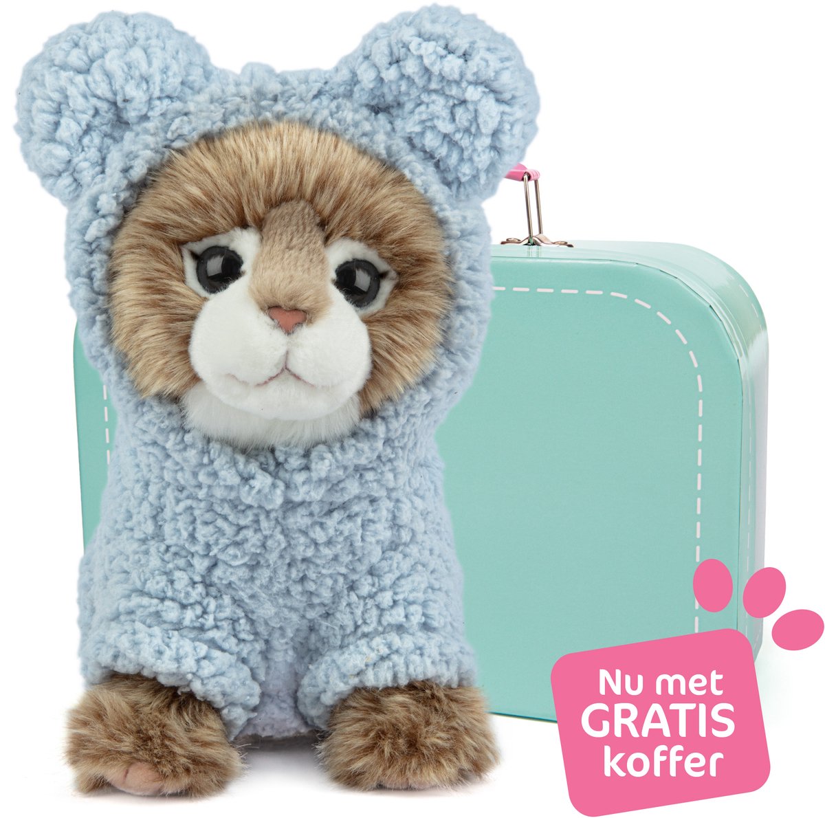 Studio Pets® Knuffel – Maine Coon Kitten Prince (23 cm) met Blauw Teddy Truitje en GRATIS Koffer – Pluche Knuffel voor kinderen