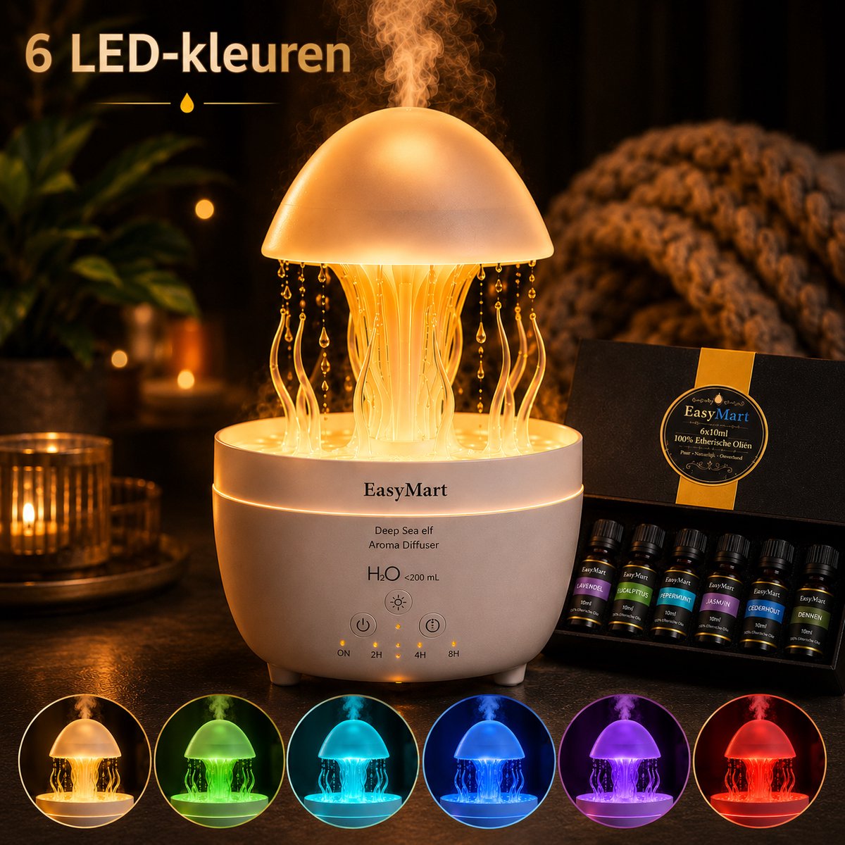 Aroma Diffuser 300ml met 6 Etherische Oliën – Geurverspreider & Luchtbevochtiger – Met Afstandsbediening – LED – Slaapkamer – EasyMart — cadeau in Wonen & Interieur - foto 6