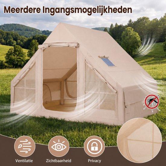 Opblaasbare tent - pblaasbare glamping tent - Waterdicht - Tot 4 personen - Kaki - Camping - Tuin - Glamping - 295 Lx 205 B x 200 H cm — afbeelding 5