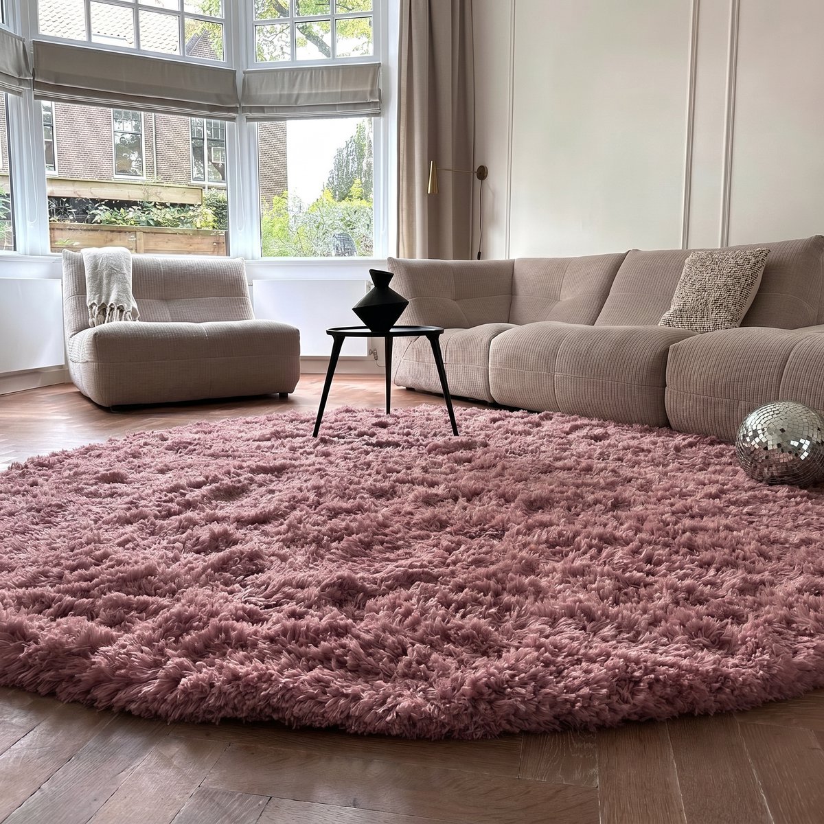 Rond hoogpolig vloerkleed Pilo Darkpink Polyester Interieur05 - Rond 200 Ø - (L)