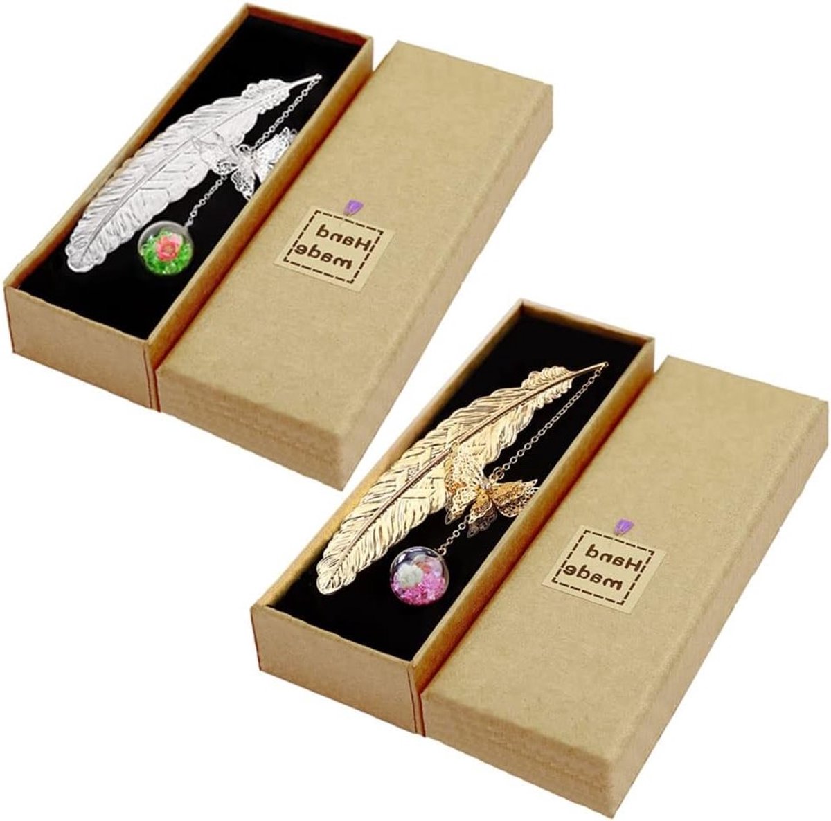 Set van 2 metalen veren boekenleggers in goud en zilver, vintage creatieve boekensteunen, uniek cadeau voor lezers en boekenliefhebbers