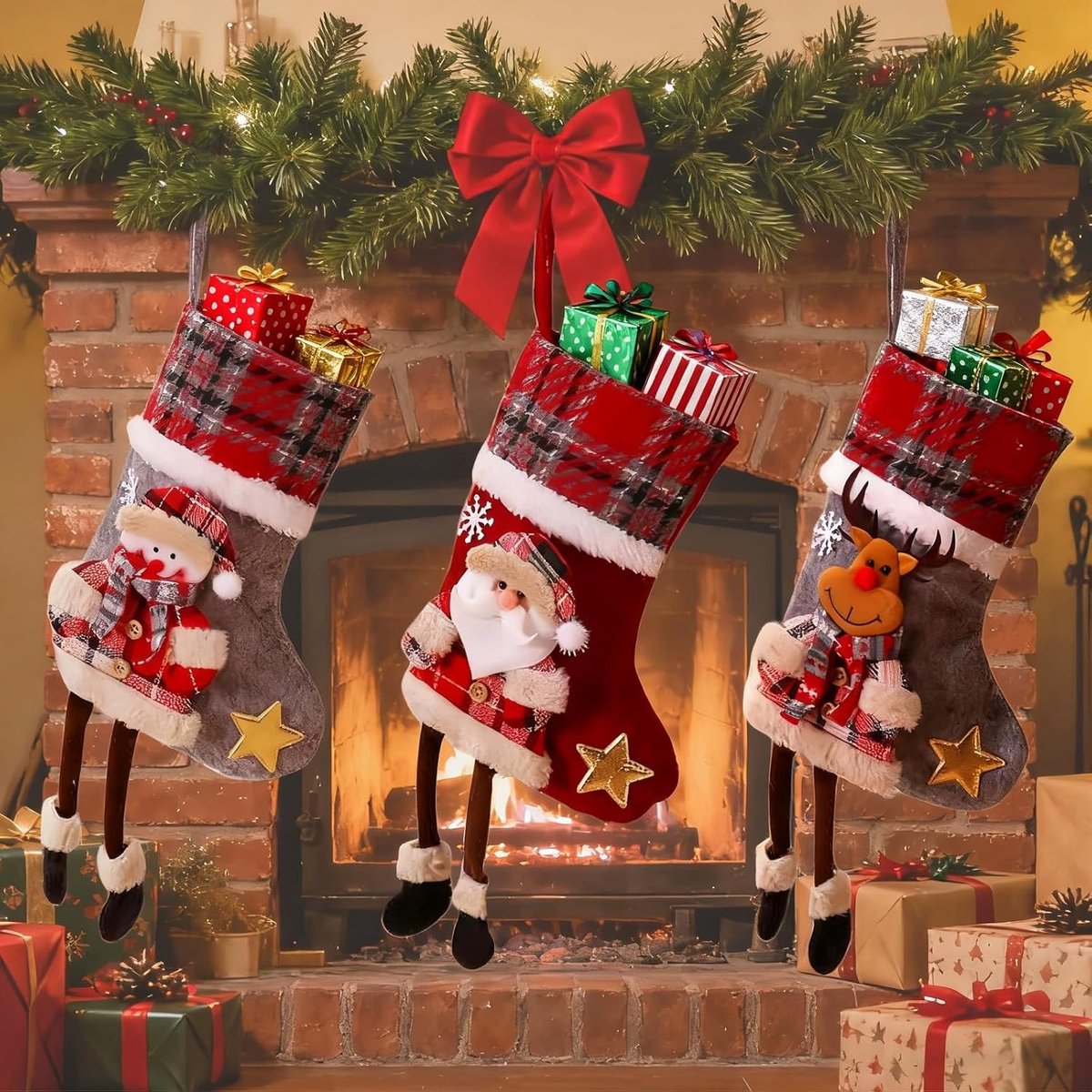 Kerstsokken voor het ophangen, set van 3, cadeauzakken voor kerstdecoratie, sneeuwman, rendier en kerstman voor haard en kerstboom, feestelijke versiering
