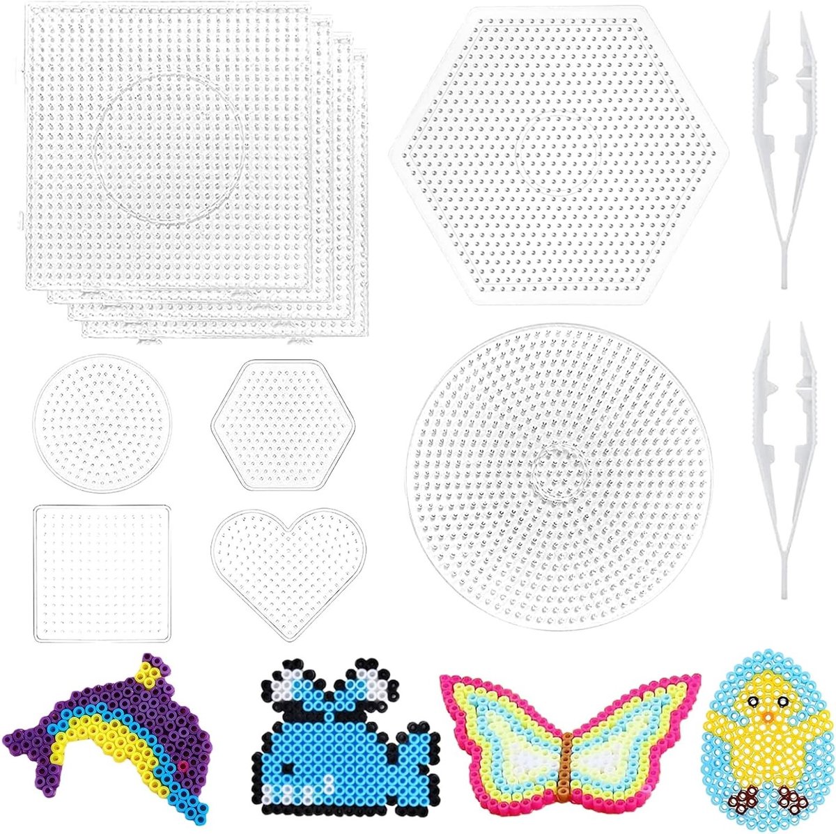 Set van 10 Strijkparelplaten en 2 Witte Pincetten - Grote Strijkparel Sjablonen voor Creatieve DIY Projecten met 5 mm Pinplaten en Transparante Invoegvormen