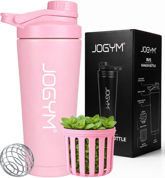 Roze JOGYM shaker, RVS shakerbal, een bakje munt en een zwarte JOGYM RVS shakerfles verpakking.