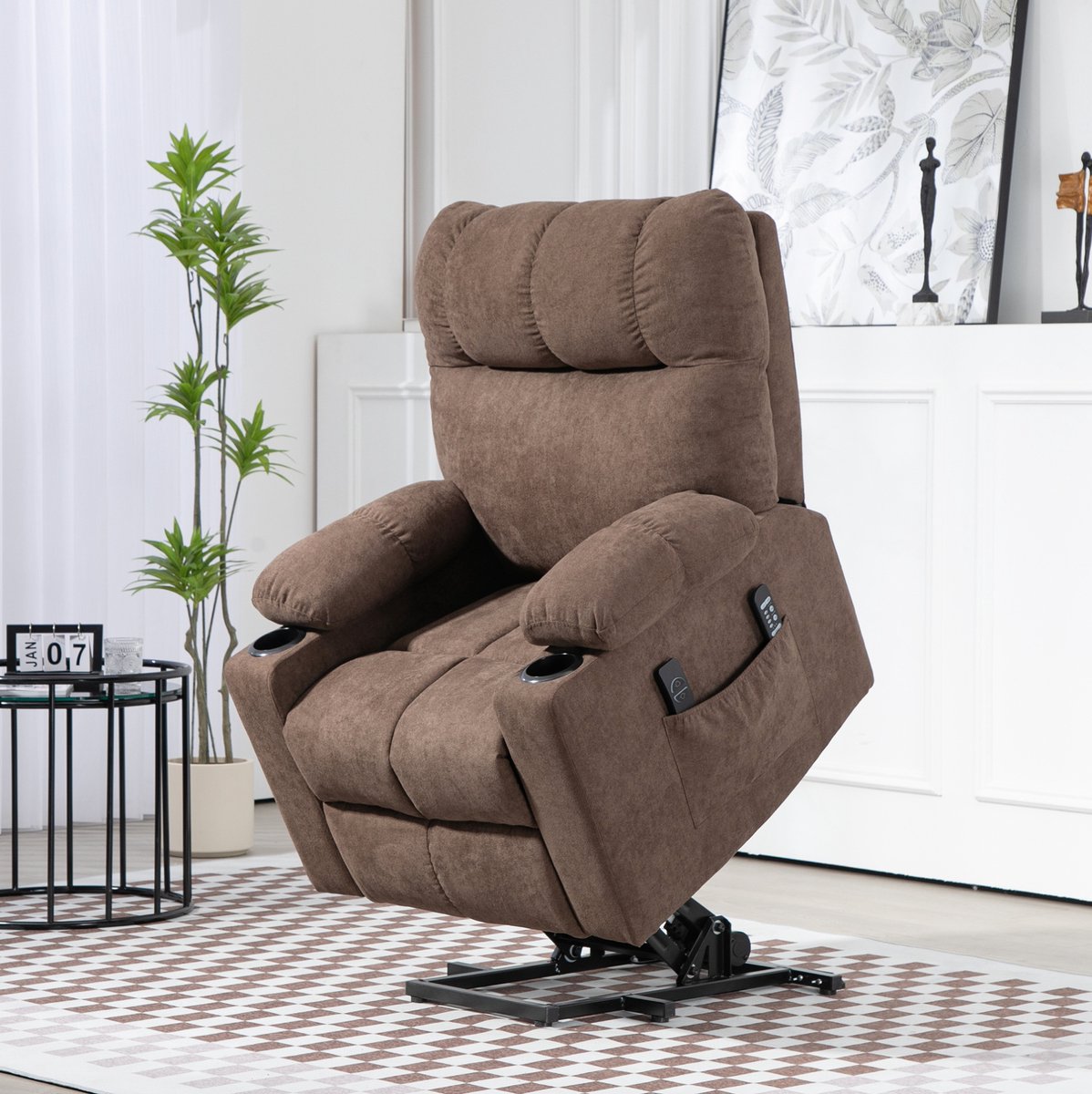 STILVORA Relaxfauteuil 91 x 95 x 109 cm - Elektrische Sta Op Hulp Met Massage En Lendenverwarming - Voor Woonkamer - Polyester Bruin