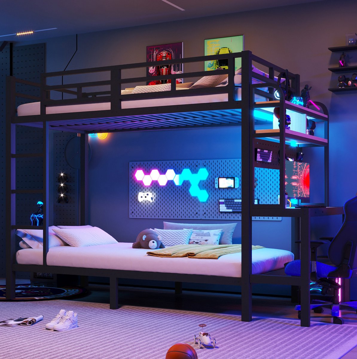 MIVRAY Stapelbed 90x200 cm Zonder Matras - Hoogslaper met Bureau en Opbergruimte - LED en USB - Metaal en MDF - Zwart