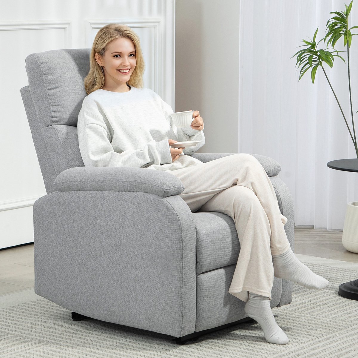 STILVORA Relaxfauteuil 69 x 91,5 x 103 cm - Handmatig Verstelbare Rugleuning Met Voetensteun - Voor Woonkamer En Leeshoek - Stof Grijs