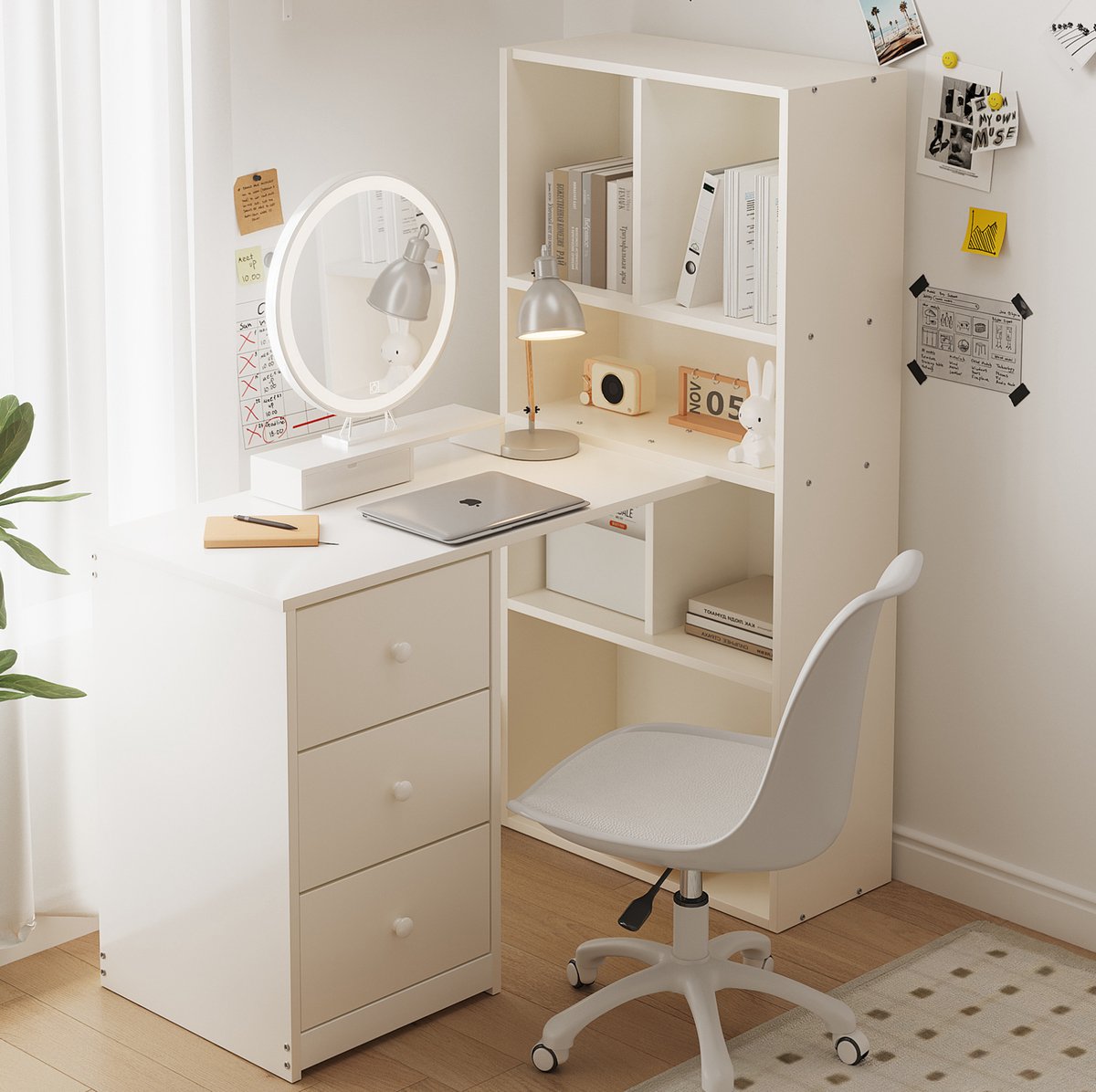 FloraGrace Hoekbureau - Ruimtebesparend Bureau Met Boekenkast En 3 Lades - Voor Thuiswerkplek En Studeerkamer - Hout Wit - 117x63x135 Cm
