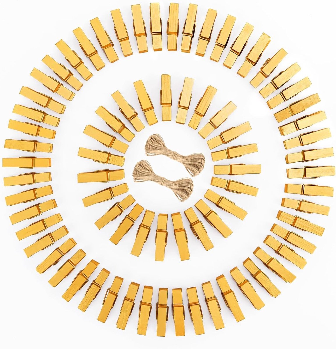 Gouden Houten Wasknijpers 3.5 cm - 100 Stuks Fotoknijpers met 20 m Jute Touw voor Creatieve Projecten, Bruiloften en Feestdagen