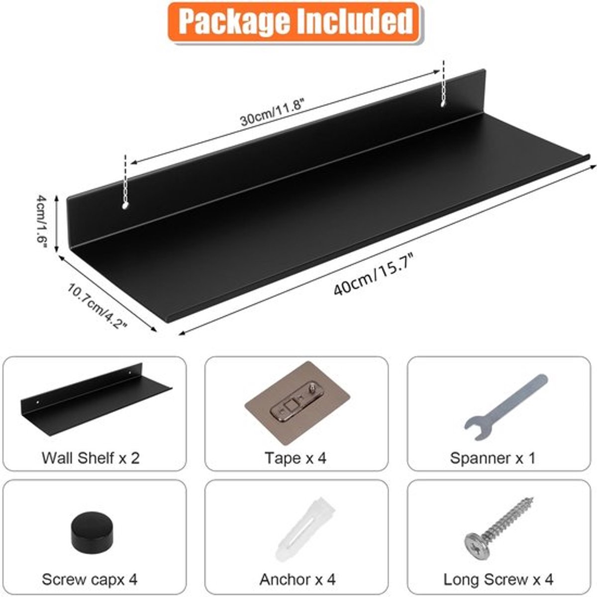 Badkamerplank waterdicht - Wandplank zwart - Zwevende planken - Wandplank met lade - Douchecaddy zonder boren - 40 cm