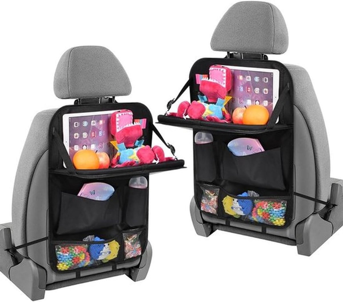 Autostoel Organizer 2-Pack - 6 Opbergcompartimenten - Opvouwbare Tafel - Tablet Houder - Auto Organizer - Reistafel - Lichtgewicht en Verstelbaar - Autostoel Opbergzak