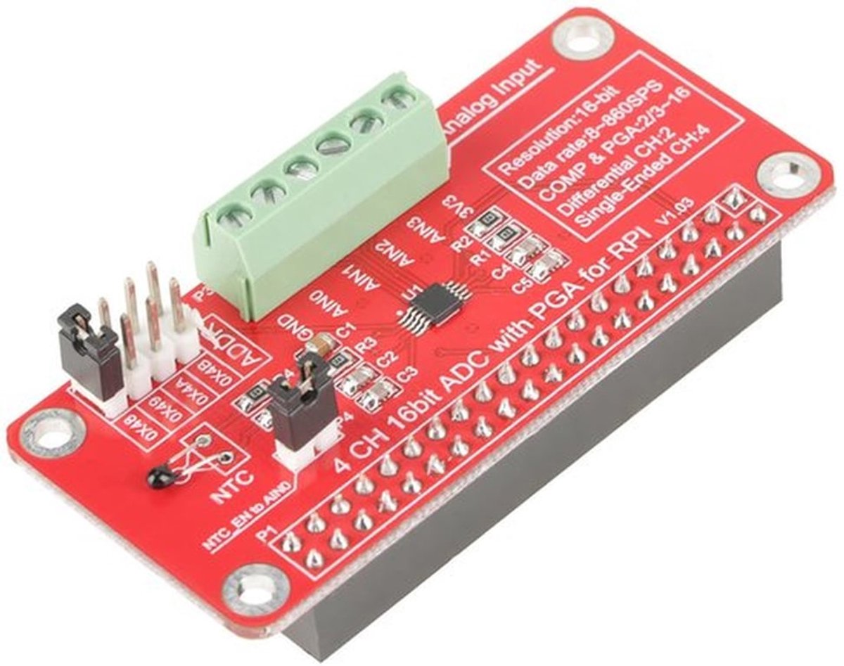16-bits ADC-module - Analoge Digitale Converter Module - 4-kanaals precisie voor 3/2 / B+ - HTML-inhoud nodig.