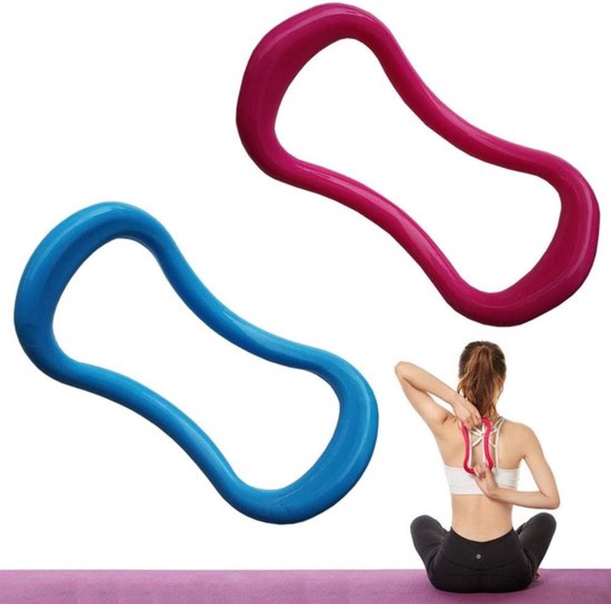 Yoga ring voor flexibiliteitstraining en massage van dij, kuit, buik en rug - 2-delige set in blauw en roze rood
