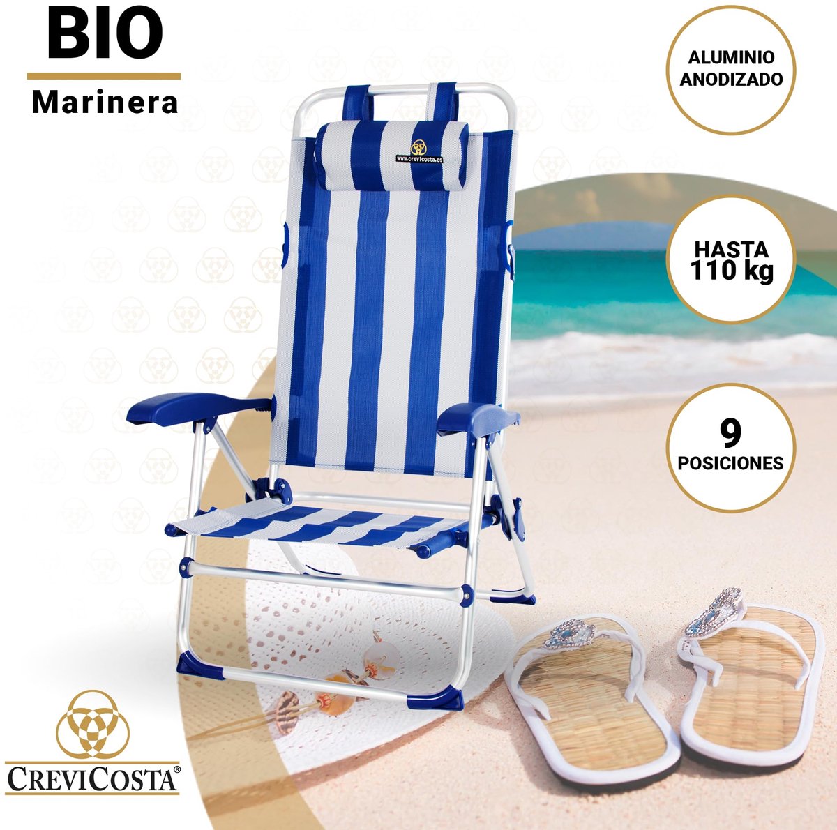 SnelShoppen - Opvouwbare Strandstoel met Armleuningen - 9 Posities - Marinera - Lichtgewicht en Duurzaam - Perfect voor Strand, Tuin en Camping