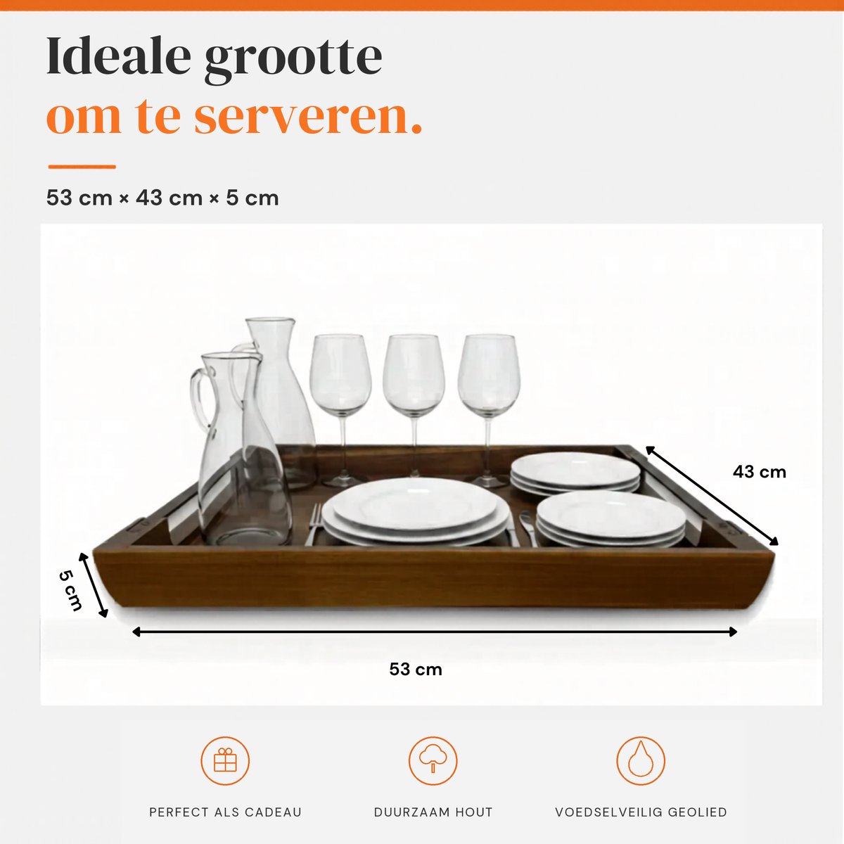 Dienblad XL Hout 53x43 cm — Acaciahout Rechthoekig — Met Stevige Metalen Handgrepen — Extra Groot voor Ontbijt op Bed, Serveerplaat, Schootdienblad — Belgisch Merk Les Plaisirs du Chef — cadeau in Koken & Dineren - foto 7